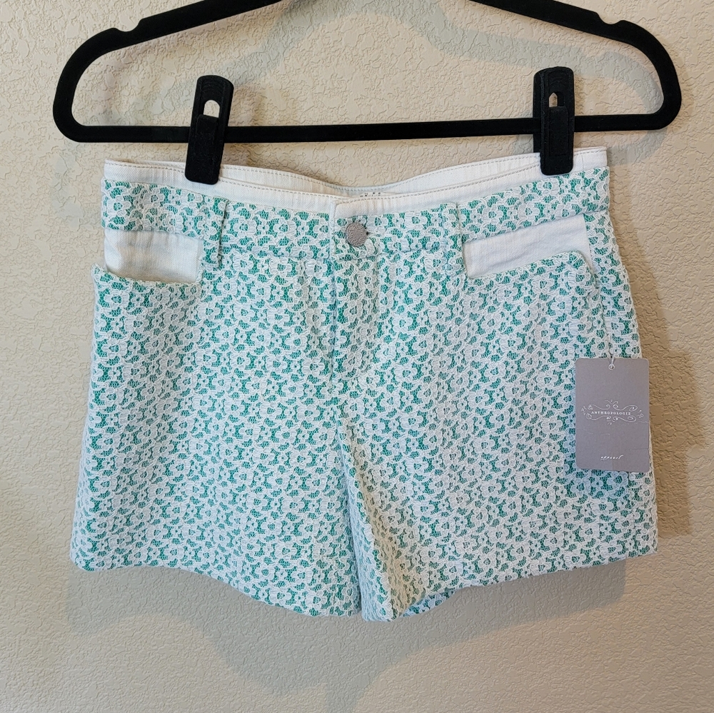 NWT Anthropologie  Cartonnier  "Rose Point" Green/Lace Overlay Shorts, Size 2